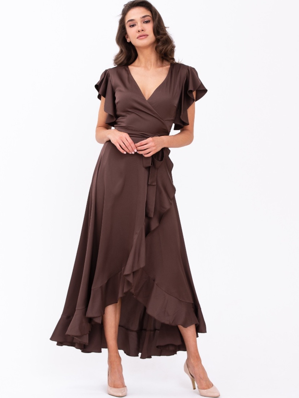 Ruffle Wrap High-Low Dress in Chocolate Brown